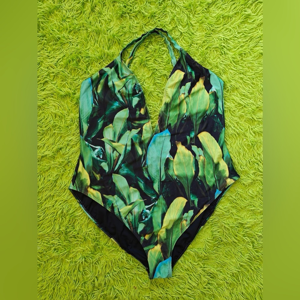 Tropical "Forever 21+" green palm trees one piece swimsuit,3X
